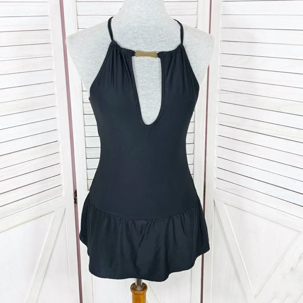 Kate Spade‎ Crescent Bay High Neck Swim Dress Swimsuit Black Small One Piece